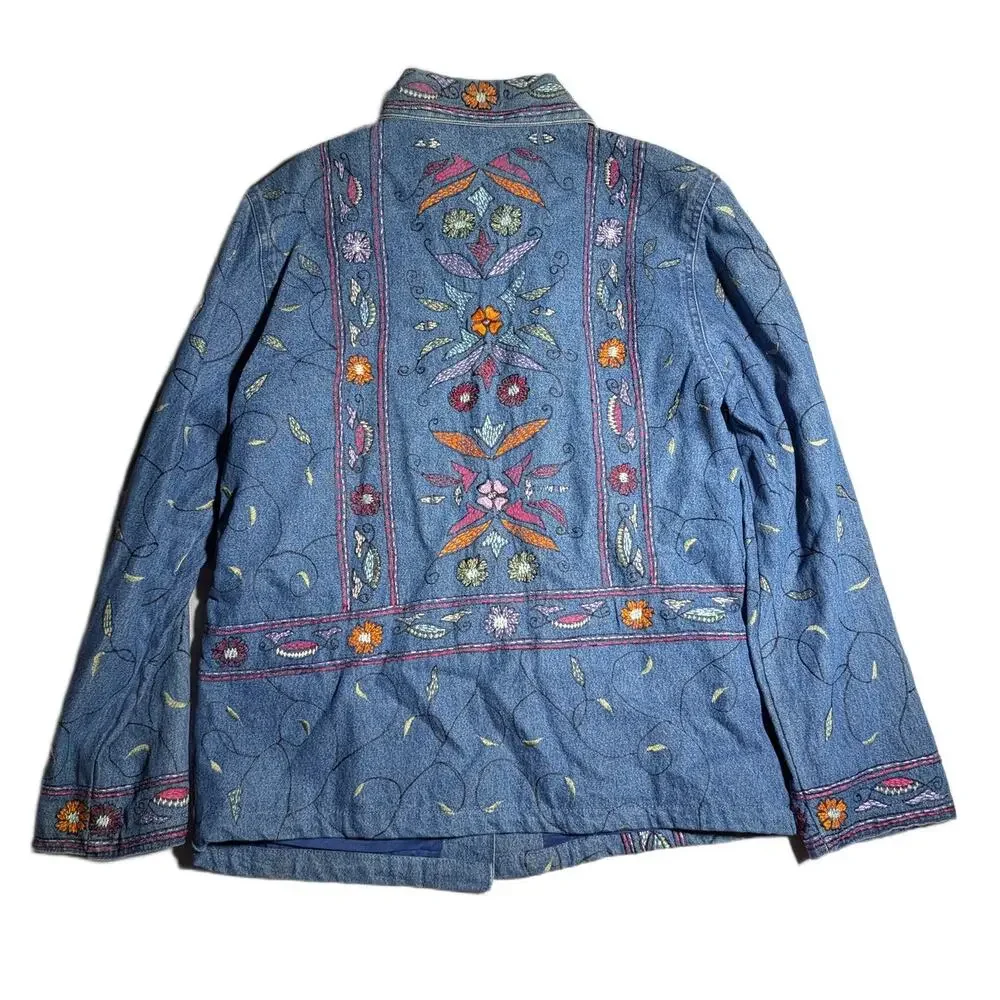 Vtg 1990s Parsley & Sage Botanical Floral Embroidered Button Up Denim Jacket M